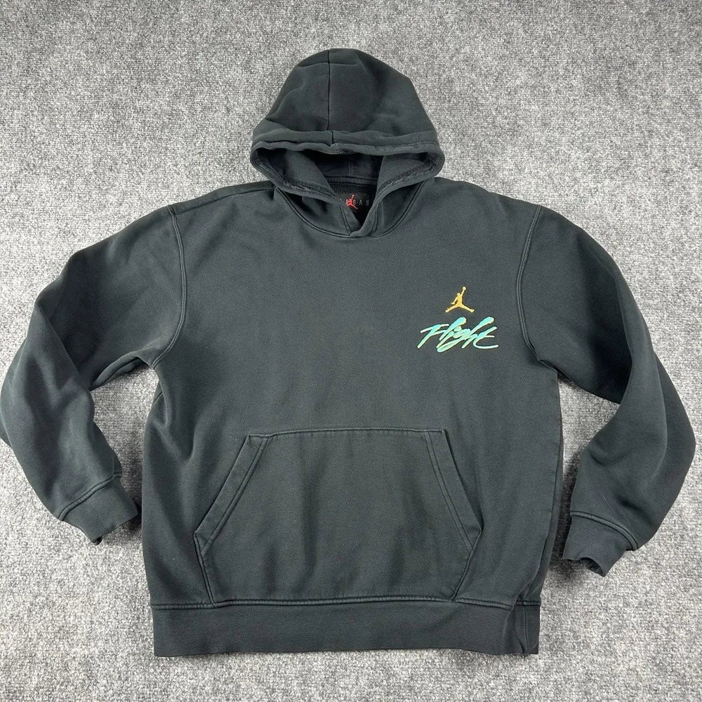 Jordan Flight Hoodie Mens Medium Black‎ Teal Script Logo Pullover Sweatshirt